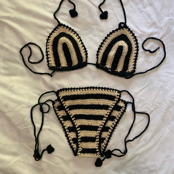 Other - Black and Tan (cream) crochet knit string bikini